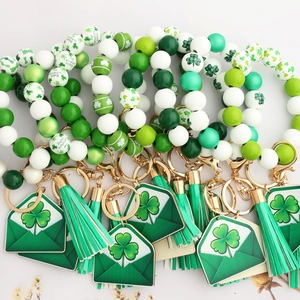 St Patrick's Day Beaded Keychain Wristlet With Shamrock Envelope Charm And Tassel Wood Silicone Beads Lucky Accessory