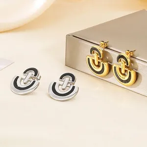 Minimalist Stainless Steel D-Shape Stud Earrings For Women Black Enamel Geometric Drop Glaze Fashion Elegant Earrings Jewelry