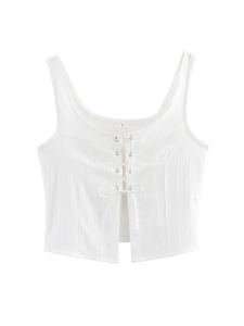 Close-up of white ribbed knit cropped tank top featuring front lace-up tie design
