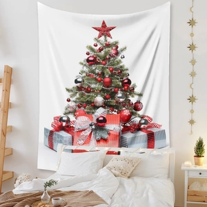 Christmas tree wall tapestry in a cozy bedroom setting with gifts and red star decor
