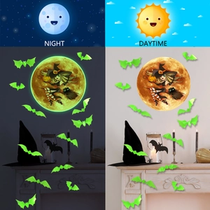 Luminous Halloween wall sticker showing witch and bats in night glow and daytime view