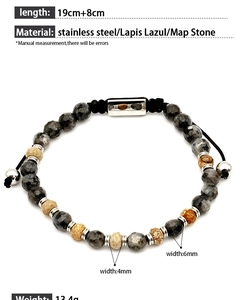 Detail of 4mm and 6mm beaded stone bracelet with stainless steel accents and 19cm length