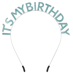 Rainbow IT'S MY BIRTHDAY tiara with blue glitter letters on silver metal headband