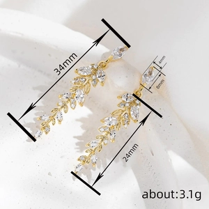Elegant gold tassels wheat ear earrings with cubic zirconia stones 34mm length