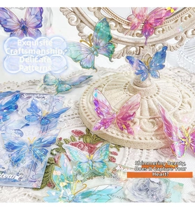 Macro shot of 3D laser butterfly PET stickers with colorful gold foil and holographic texture