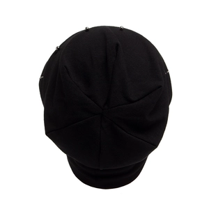 Women's double-layered black knitted beanie featuring decorative silver metal studs