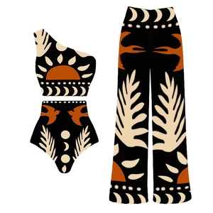 Three-piece bohemian swimwear with sun and moon prints and wide-leg trousers