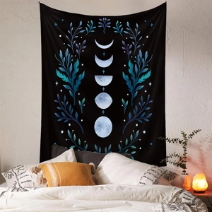 Bohemian black wall tapestry with blue moon phases and leaf patterns for bedroom decor