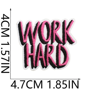 Detailed view of Work Hard embroidered patch with precise measurements in 4.7cm x 4cm size