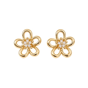 Exquisite gold hollow flower stud earrings with shimmering cubic zirconia center details