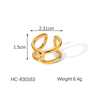 Detailed dimensions of the gold-plated knot ring showing height, width, and weight