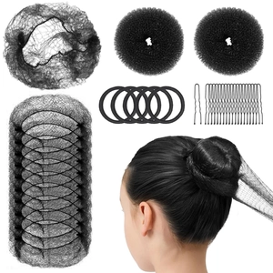 Black hair styling tool kit with bun makers, elastic bands, and U-shaped hair pins