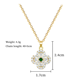 Detailed size specifications for gold clover necklace with zircon and green gemstone