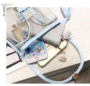 Detailed interior view of a clear PVC backpack with light blue trim and large capacity