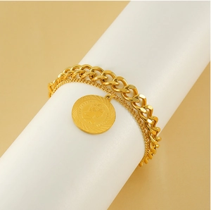 Detail of gold-plated double-layered titanium steel bracelet with Elizabeth II coin pendant