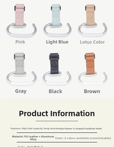 Detailed specs of aluminum stroller hooks in six PU leather colors with E-shape carabiner