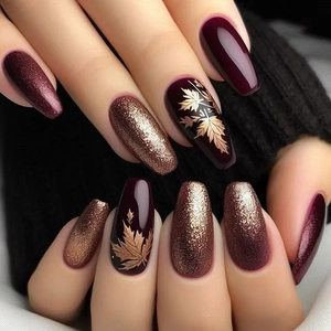 Golden Amber Maple Leaf Press On Nails Coffin Ballet False Nails Glossy Deep Wine Red Glitter ABS Plastic