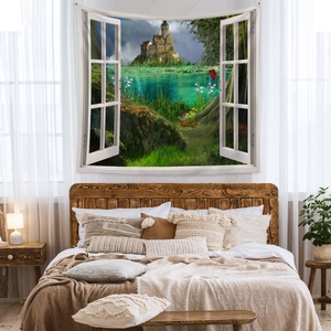 Bedroom wall decor detail showing a 3D window view tapestry with lake and castle landscape
