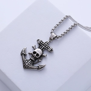 Hip hop titanium steel skull anchor pendant necklace with thick box chain in antique silver