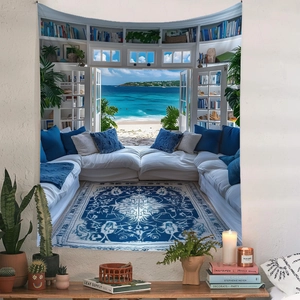 Detail of bohemian beach landscape tapestry hanging over a sofa in a modern room