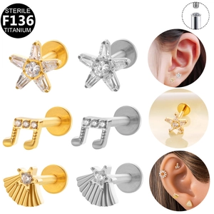 F136 Titanium Internally Threaded Labret Studs Lip Rings Ear Cartilage Piercing Jewelry Star Music Note Zircon Flat Back