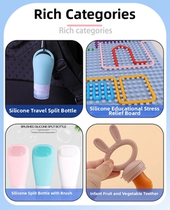 Detailed catalog showing silicone travel bottles and baby fruit feeders in various designs