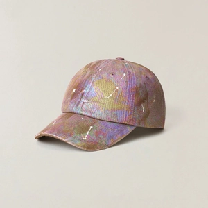 Iridescent baseball cap with metallic coating and white ink splash pattern in side view