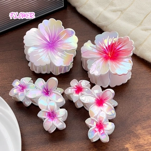 Iridescent Flower Hair Claw Clip Large Holographic Gradient Plumeria Shark Clip For Women Vacation Beach Accessories