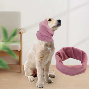 Close-up of pink noise-canceling ear covers for dogs with elastic knitted fabric