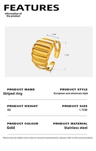 Detail view of 18K gold plated stainless steel ribbed ring with dimensions and 3g weight