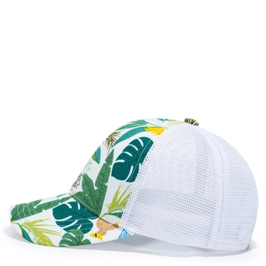 White baseball cap with tropical leaf print and breathable mesh back for daily comfort