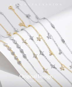 Detailed close-up of elegant S925 sterling silver star bracelets with sparkling zircons