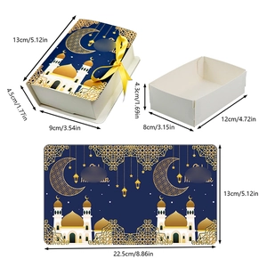 Eid Mubarak book-shaped gift box in navy blue and gold with ribbon and size specs