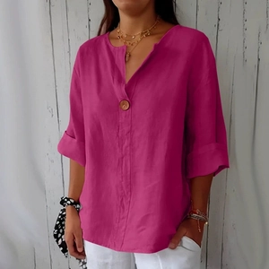 Camicia ampia da donna in cotone e lino fucsia con scollo a V e bottone singolo