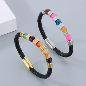 Braided Leather Bracelet With Stainless Steel Magnetic Buckle And Quartz Stone Beads Trendy Bohemian Style For Men Women