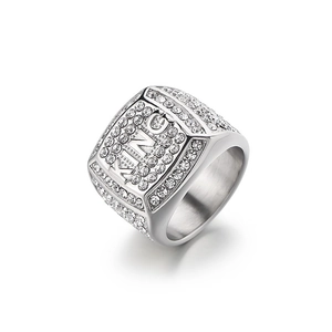 Hip hop silver square KING ring for men with pavé rhinestones in gold plated steel