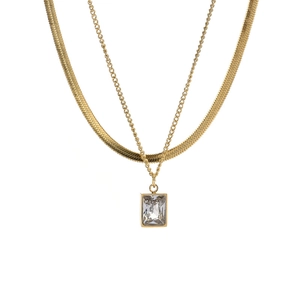 Collier Double Rang Acier Titane Pendentif Zirconium Carré Chaîne Serpent Plaqué Or Minimaliste Élégant Pour Femme