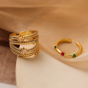 Adjustable Open Rings For Women Copper Real Gold Plated Zircon Star Colorful Gemstones Retro Minimalist Jewelry