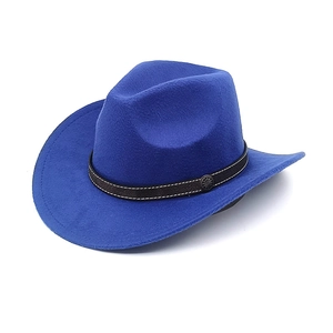 Detail of royal blue wool cowboy hat with brown leather band and vintage metal rivet