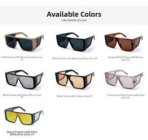 Multiple color variations of retro shield sunglasses featuring various lenses and frames