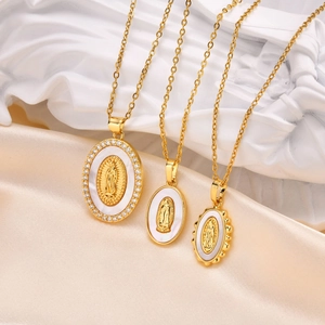 Virgin Mary Oval Pendant Necklace Copper Gold Plated With Mother Of Artificial Pearl Shell And Zircon For Women Religious Jewelry