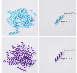 Détail macro de bâtonnets de bonbons bicolores en argile avec mesures de 0,5x2,5 cm