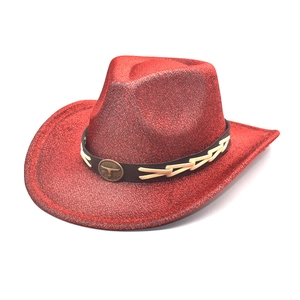 Sparkly red glitter western cowboy hat featuring a faux leather band and bull head emblem