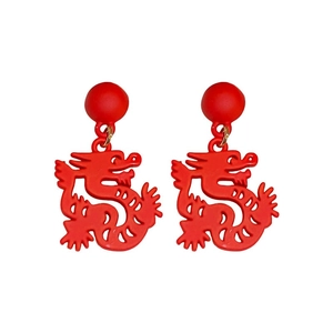 Red dragon earrings with round studs for Lunar New Year and festive celebrations