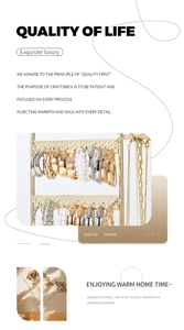 Detail of golden iron jewelry rack with multi-hole earring board and necklace hooks