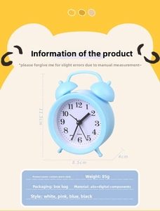 Detail showing dimensions of the 11.5cm light blue cartoon alarm clock with twin bells