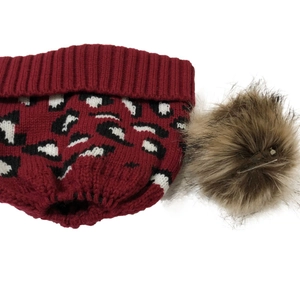 Red leopard print knit beanie with fluffy faux fur pompom for winter warmth