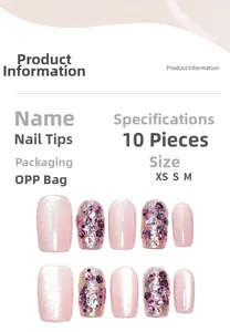 Detail view of pink cat-eye press-on nails set with glitter finish and size specifications
