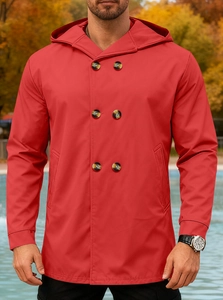 Detail of red men's hooded trench coat featuring high-quality double-breasted buttons