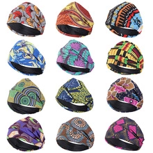Set of 12 African print headbands with colorful patterns and black elastic bands